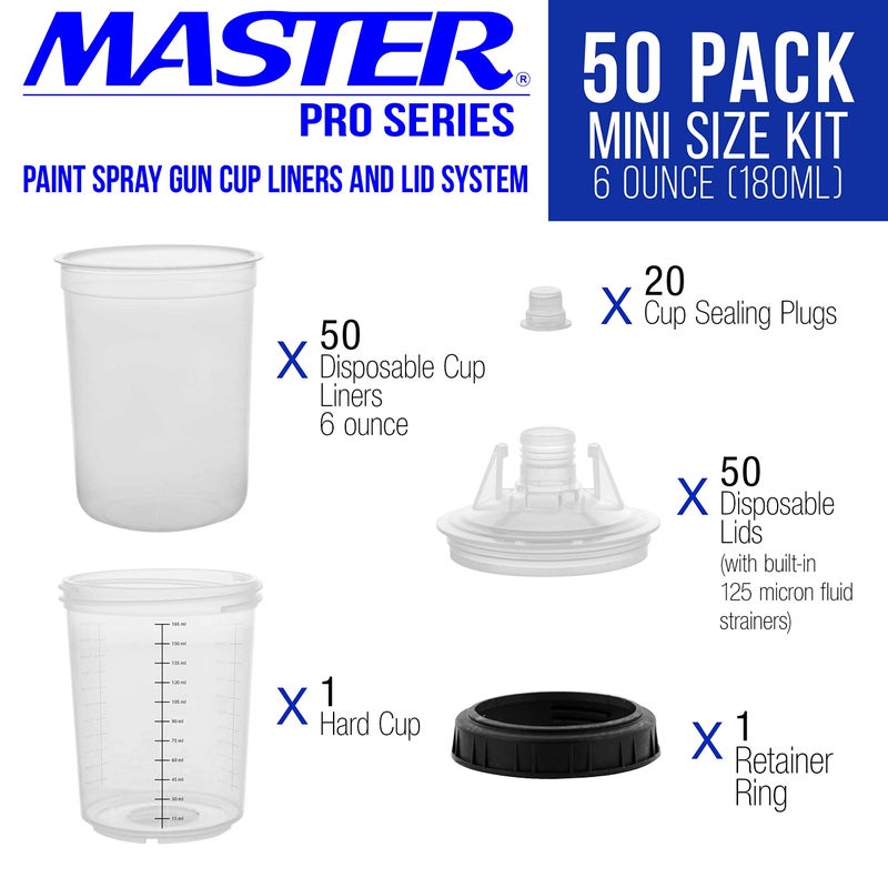 Master Airbrush Master Paint System MPS Disposable Paint Spray Gun Cup Liners and Lid System, 50 Pack Mini Size 6 Ounce (180ml) Kit - 50 Cup Liners, 50 Lids with Strainer - Image 2